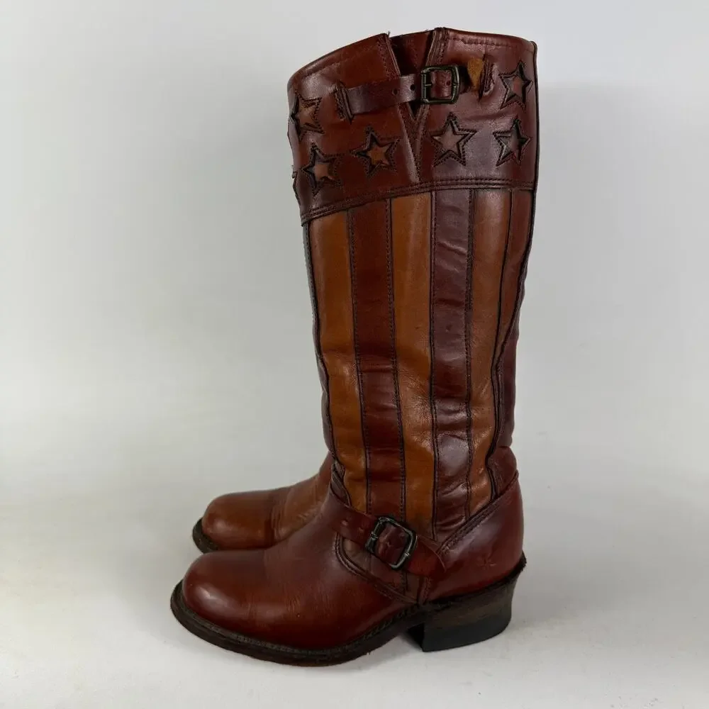 Frye Harness Americana Boots Women's 6 Brown Leather Stars & Strips Knee High